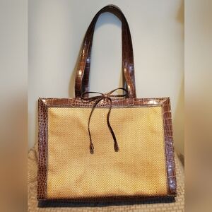 Liz Claiborne 13"L x 8"D Brown Faux Crocidile Leather & Tan Woven sides